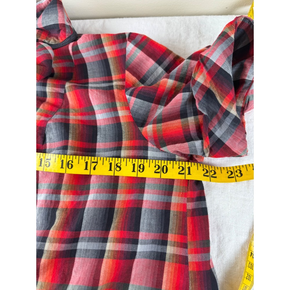 Vintage 1950s 60s Plaid Shirt Dress Bow Tie Neck Patch Pockets Mid Century - Picture 7 of 10